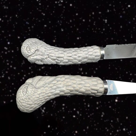 1980s Stainless Metal Handle Knife And Meat Fork Set 2 Vintage Bird 11”L 13”Long - Picture 10 of 16